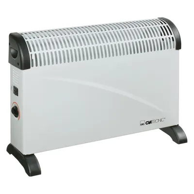 A white electric heater with black accents and feet, shown against a white background.
