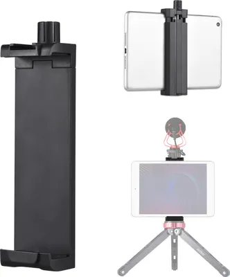A collage of images showing a tablet/phone holder and its use with a tripod and microphone.