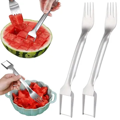 Produktbild von Wassermelonenschneider 2-in-1 2 Stück- Obstschneider Edelstahl 430 - mit Obstgabel - Obstteiler Küchenhelfer - für Obstsalat Partys BBQ Küchen