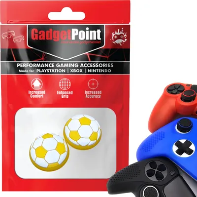 Immagine prodotto di Impugnature per il pollice - Impugnature per il pollice per PS5, PS4, PlayStation, Xbox Series X/S, One, 360 e Nintendo Switch Pro Controller - Impugnature per il pollice da gioco - Impugnature per il pollice ad alte prestazioni - Tappi antiscivolo per joystick - Accessori per la bescherming - Voetbal - Wit met Geel -