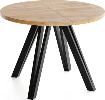 Produktbild von Runder Esstisch Ausziehbar 100–180 cm mit Schwarzen Holzbeinen aus Buchenholz – Moderner Ausziehtisch für Esszimmer, Küche und Wohnzimmer – Tisch für 4–8 Personen – Eiche Braun