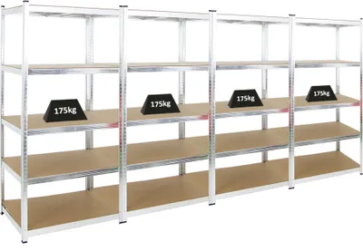 Produktbild von Mega Deal | 4x Schwerlastregal Ragnar | HxBxT 180x90x60cm | 5 MDF-Platten-Ebenen | Fachlast 175kg | Verzinkt