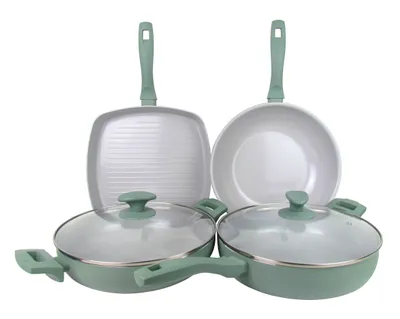 Produktbild von XL 6-teiliges Pfannen-Set Grillpfanne Wokpfanne Schmorpfanne Servierpfanne für alle Herdarten auch Induktion - Grün