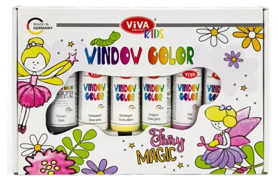 Produktbild von Viva Decor Window Color Set Fairy Magic, 6 x 90 ml Fensterfarbe mit Konturenfarbe, Malfolie und A3-Malvorlage mit 19 Feen und Elfen