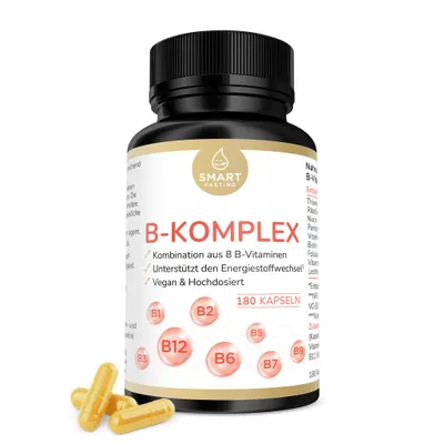 Produktbild von Vitamin B Komplex - 8 B-Vitamine - Vegan, hochdosiert - 180 Kapseln für 6 Monate