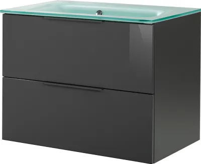 Produktbild von FACKELMANN LUNA Badmöbel Set 2 Teile / Glas Waschbecken / Waschbeckenunterschrank mit 2 Schubladen / Badschrank mit Soft-Close / hochwertige Möbel fürs Bad / Korpus & Front: Schwarz / Breite: 80 cm
