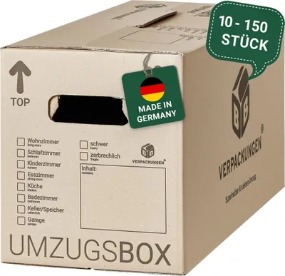A cardboard moving box with labels and markings.