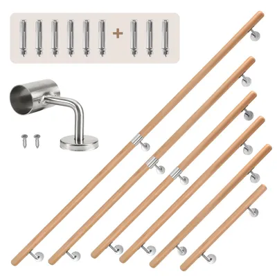 Zdjęcie produktu dla Poręcz schodowa Ikodm Buchenholz, 150 cm, dwuczęściowa, wykonana z litego drewna bukowego, z metalowymi uchwytami ściennymi ze stali nierdzewnej, średnica 4,2 cm, lakierowana, przeznaczona do schodów, korytarzy, łazienek, tarasów i stopni w ogrodzie