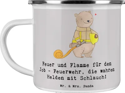 Produktbild von Mr. & Mrs. Panda Emaille Tasse Feuerwehrmann Helden - Grau Pastell - Geschenk, Held, Campingtasse, Berufspassion, Rettung, personalisierte Geschenke, Teetasse, Feuerwehr