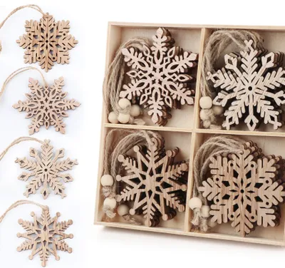 20 Holz-Schneeflocken, 4 Motive, Weihnachtsbaumschmuck