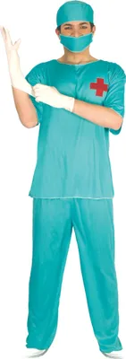 A person wearing a doctor's costume, putting on gloves.