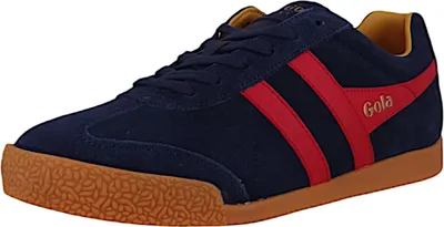 A single blue Gola sneaker with red stripes and a brown sole is shown against a white background.