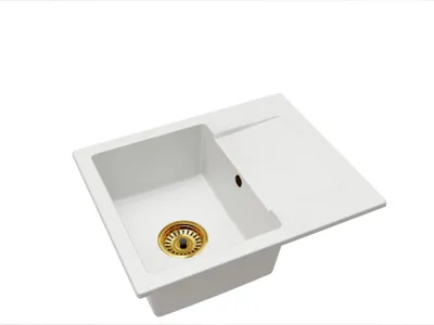 Produktbild von Granitspüle Einbecken mit Abtropffläche Donzo – Weiß mit Einbeckensiphon in Gold