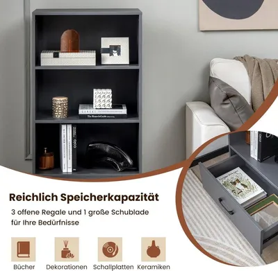 Zdjęcie produktu dla Regał 120 cm z szufladami 4 poziomy drewniana półka do przechowywania półka stojąca 60 x 38 x 120 cm szara
