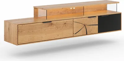 Produktbild von Wohnzimmer Lowboard mit 200 cm Breite aus Eiche massiv geölt mit Hirnholz-Front, schwarzem Glas und LED-Beleuchtung - TIVAT-163