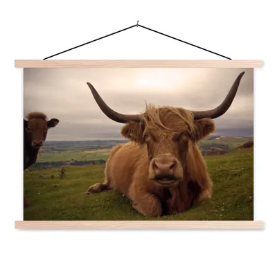 Produktbild von MuchoWow® Textilposter Schottischer Highlander - Tiere - Berg 120x80 cm mit holzfarbenen Rahmen - Aufhängeset