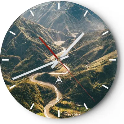 Produktbild von Wanduhr - Rund - Glasuhr - Berge Weg Wald - 40x40cm - Schleichendes Uhrwerk - Lautlos - zum Aufhängen bereit - Dekoration Modern - Wanddekoration aus Glas - C3AR40x40-4700