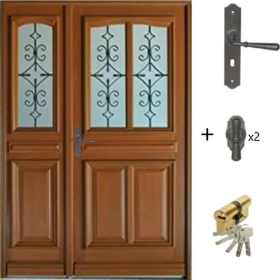 Image de Porte d'entree Bois Tiercee Vauban H215 x L140 p, droit + Poignee Et Barillet (ref 010403RFP)Cotes Tableau