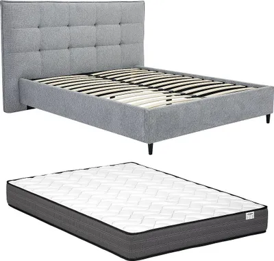 Produktbild von Bett 180 x 200 cm mit gestepptem Kopfteil - Stoff - Grau + Matratze - NIRPIO