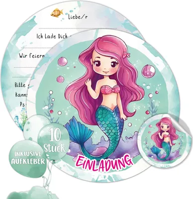 Meerjungfrau Einladung Kindergeburtstag Mädchen | XXL Meerjungfrauen Einladungskarten Geburtstag 15 x 15 cm | 10er Set mit Stickern | Geburtstagseinladungen