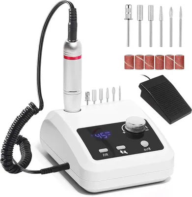 Produktbild von Elektrische Nagelfräser für Gelnägel, 45000 U/Min, Professionelle Nagelfeilen Set mit LCD-Display, Nagelbohrer Set mit Fußpedal und 6 Bits