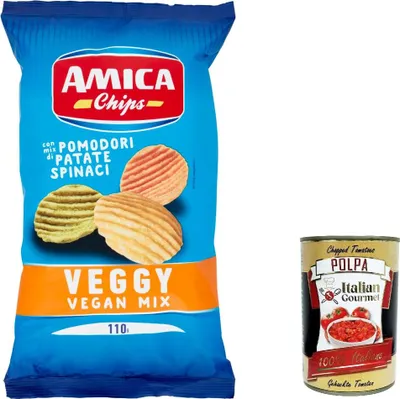 Produktbild von 10x Amica Chips Veggy Vegan Mix con mix di Pomodori Patate Spinaci, Chips mit einer Mischung aus Tomaten, Kartoffeln, Spinat, 110 g + Italian Gourmet polpa 400g
