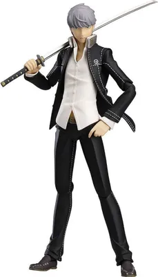 A full-body shot of an action figure of Yu Narukami from Persona 4 Arena Ultimax, holding a sword.