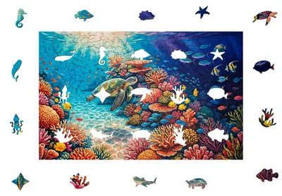 Produktbild von Holzpuzzle Unterwasserwelt mit Meeresschildkröte, Korallen und tropischen Fischen, 500 Teile