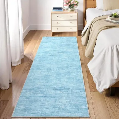 Imagen del producto de Alfombra para sala de estar lavable - Alfombra rectangular moderna - Azul - 60 x 230 cm - 100% poliéster - Base de goma antideslizante - Lavable a máquina