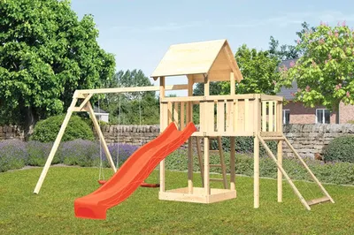 Produktbild von Spielturm Spielhaus Karibu Lotti 107 x 107 cm Holz bestehend aus Rutsche, 2 Brettschaukeln, Anbau, Netzrampe