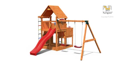 Immagine prodotto di FUNGOO BIG LEADER MOVE RED / NADELHOLZ impr. teak torre gioco scivolo legno esterno