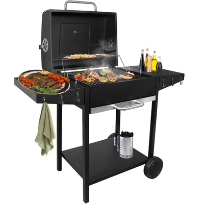Produktbild von SunJas Holzkohlegrill CA-6146 Grillwagen Temperaturanzeige Gartengrill Seitenablage Kompakt Holzkohlegrill Grillfläche: ca. 42 x 50 cm Kohlegrill