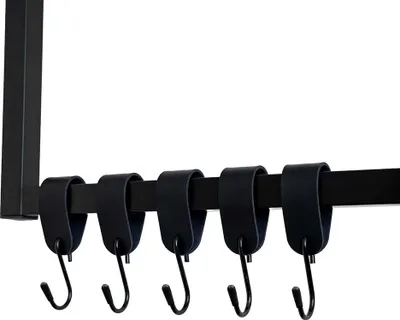 A black metal rack with five black leather loops, each with an S-hook hanging from it.