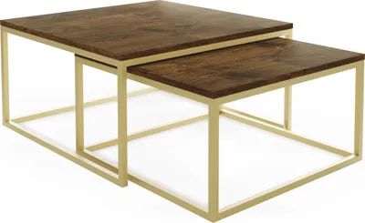 Produktbild von Rechteckige Quadratische Satztische Couchtische mit Gold Gestell - Loft Style Couchtische Metallbeine - 2 in 1 - Zwei Industrielle Getrennte Tische für Wohnzimmer - Lefkas Eiche