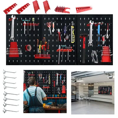 Produktbild von YZNAHRE Werkzeugwand 120 x 60 x 2 cm Metall Lochwand mit 17 teilge Hakenset Dreiteilig Werkzeuglochwand Werkzeughalter für Werkstatt