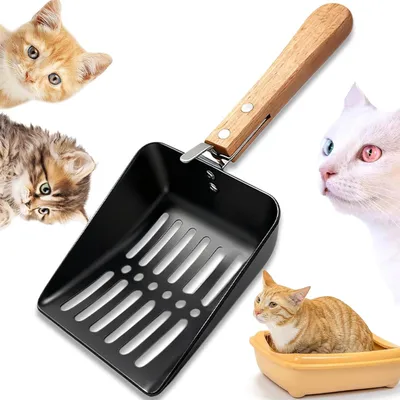 Obrázek produktu pro Lopatka na kočičí toaletu, kovová, s dřevěnou rukojetí, s otvory o průměru 6 mm