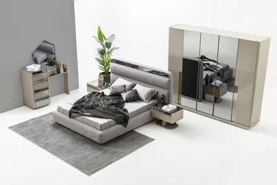 Produktbild von 6-tlg. Set mit Bett, Nachttischen, Schminktisch, Spiegel & Kleiderschrank