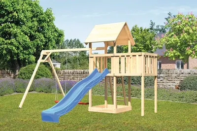 Produktbild von Spielturm Spielhaus Karibu Lotti 107 x 107 cm Holz bestehend aus Rutsche, 2 Brettschaukeln, Anbau
