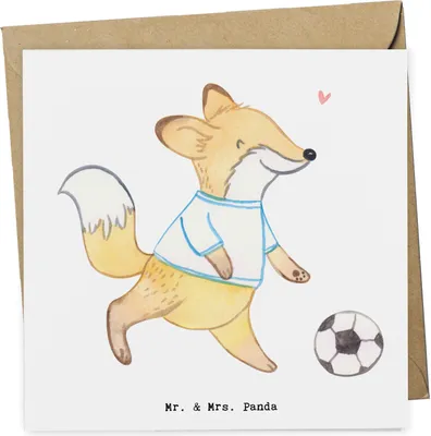 Produktbild von Mr. & Mrs. Panda Grußkarte Fuchs Fußball spielen - Weiß - Geschenk, Glückwunschkarte, faltkarte, anlasskarte, Fußballtraining, doppelkarte, Turnier, Fußballmannschaft