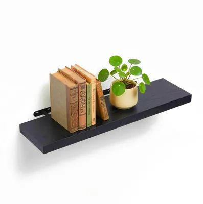 Zdjęcie produktu dla Półka ścienna Relaxdays, wymiary: 4 x 100 x 23 cm, wygląd drewna i metal, książki, dekoracje, półka ścienna do salonu, przedpokoju, kuchni, czarna