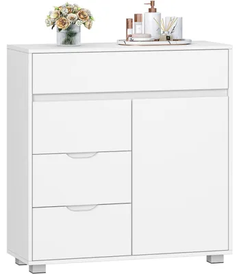 Image de Armoire de salle de bain, commode avec 4 tiroirs et 1 porte, dimensions : 30 x 80 x 82 cm, couleur : blanc