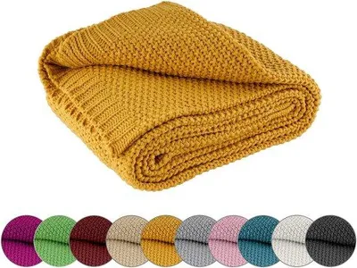 Produktbild von Famanu – Flauschige Decke, gestrickt (140 x 190 cm) in Gelb, Senfgelb, und pflegeleicht