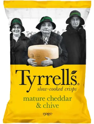 Zdjęcie produktu dla Tyrrells Handcooked mature Cheddar und Chive Chips vegetarisch 150g