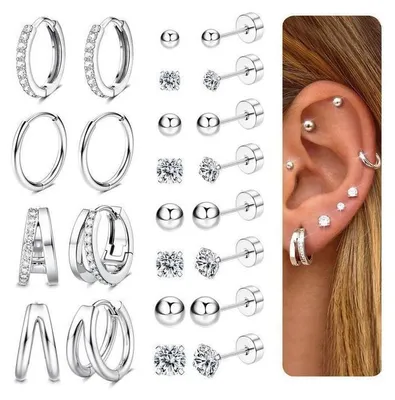 Produktbild von 12 Paar Ohrringe Set Chirurgenstahl 316L Damen Herren 14K Vergoldet Creolen Ohrstecker