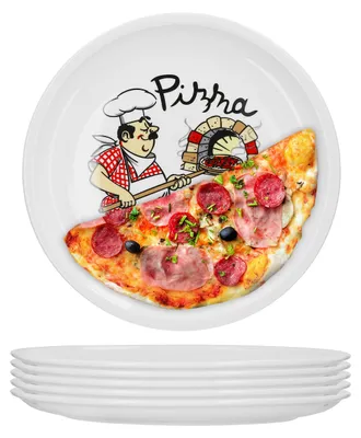 Produktbild von Pizzateller Set von 6 - Durchmesser 30,7 cm - Porzellan - Spülmaschinen- und mikrowellenfest - Kochmotiv - Ideal für Pizza und Pasta - Essteller