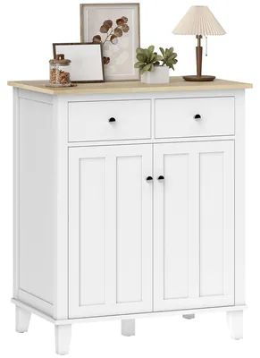 Zdjęcie produktu dla Biała szafka kuchenna z imitacją drewna, 2 drzwiczki, 2 szuflady, wymiary: 76 x 48 x 91 cm. Duża pojemność, zabezpieczenie przed przewróceniem, styl wiejski