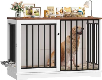 Produktbild von Hundekäfig Möbel 120cm breit Hundebox für Zuhause Hundehütte XXL Hundekäfig aus Metall und Holz Hundebox für große Hunde 120 x 90 x 60 cm Braun & Weiß