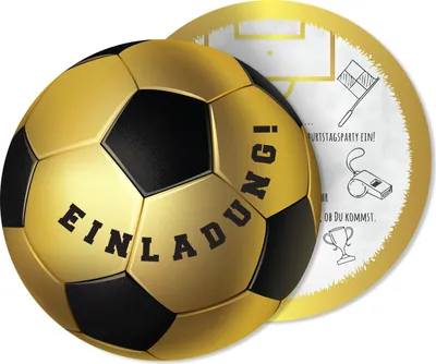 Produktbild von Friendly Fox Fußball Einladung rund - 12 Einladungskarten Fussball zum Kindergeburtstag Junge Mädchen- Geburtstagseinladungen - ideal für kleine Fußball-Fans - goldener Fußball
