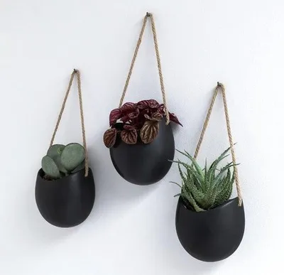 Produktbild von Stellar Wandpflanzgefäße – Hängende Keramik-Pflanztöpfe, 3er-Set – Goldlack – Wandpflanzen – Wanddekoration für drinnen, Balkon und Garten – Schwarz (matt)