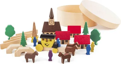 Immagine prodotto di Miniatura di un villaggio con diligenza, colori vivaci. Dimensioni: 11,5 x 5,5 x 11,5 cm. Nuovo